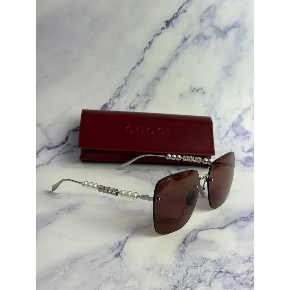NEW Gucci GG1923SA Silver Red Square Pearl Sunglasses